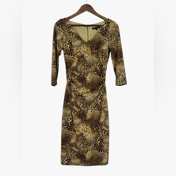 David Meister Leopard Animal Print V-Neck Ruched Waist Midi Dress sz4 3/4 Sleeve - Picture 1 of 11